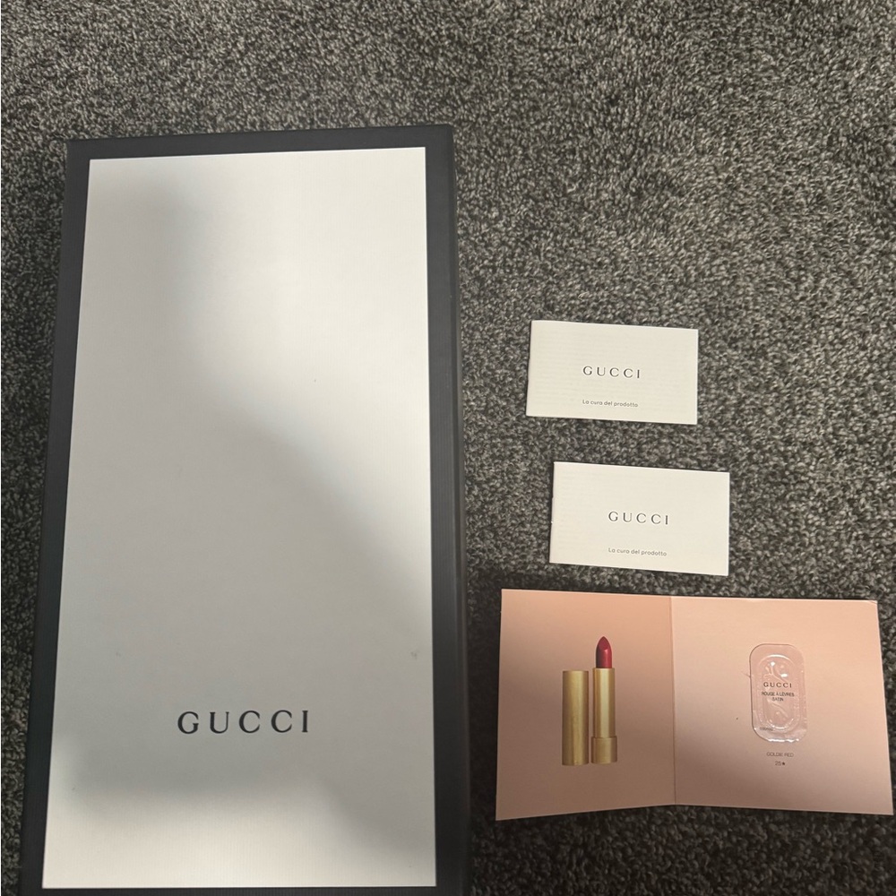 GUCCI SHOE BOX with pamphlets and Gucci lipstick sample
